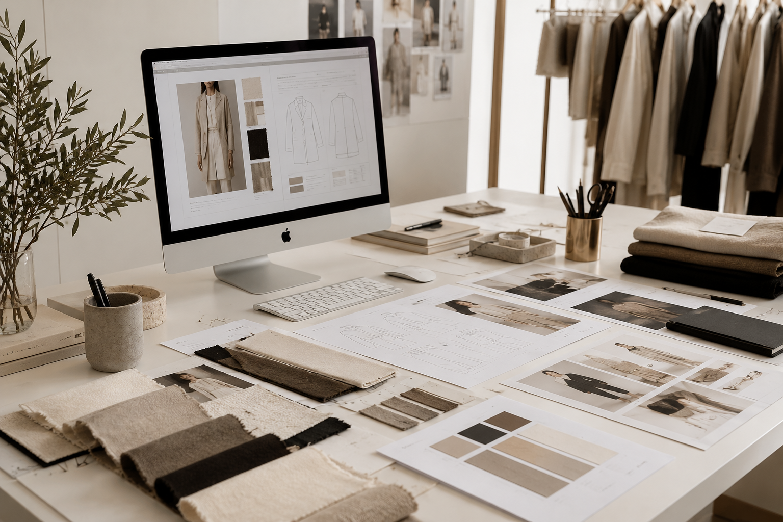 Espacio creativo con bocetos, tejidos y prendas de moda